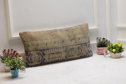 Handmade Kilim Lumbar Pillow Cover: Beige & Blue, 12x24 inc