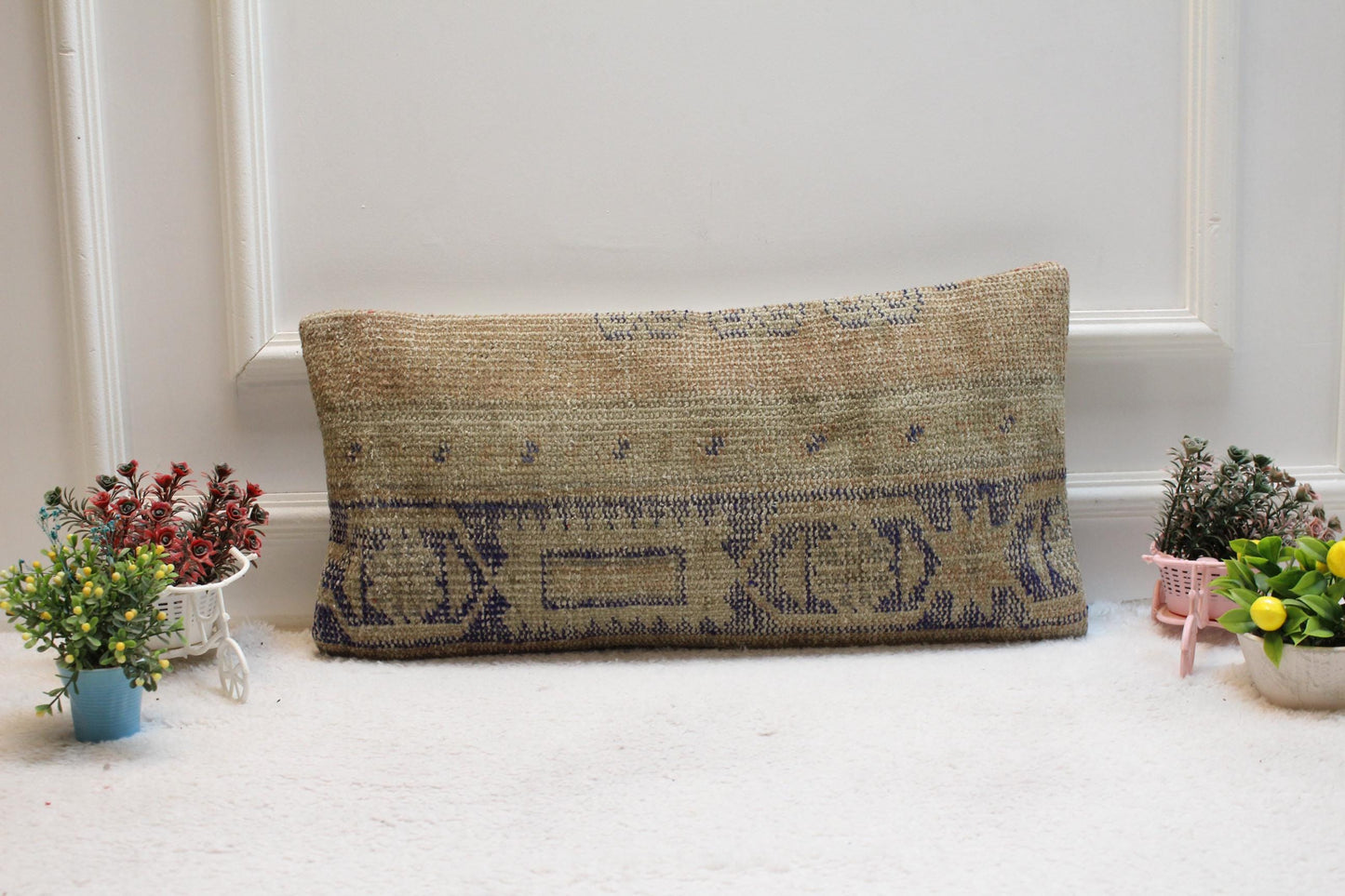 Handmade Kilim Lumbar Pillow Cover: Beige & Blue, 12x24 inc