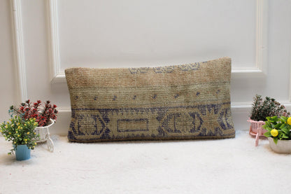 Handmade Kilim Lumbar Pillow Cover: Beige & Blue, 12x24 inc