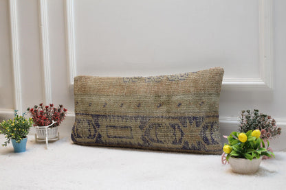 Handmade Kilim Lumbar Pillow Cover: Beige & Blue, 12x24 inc
