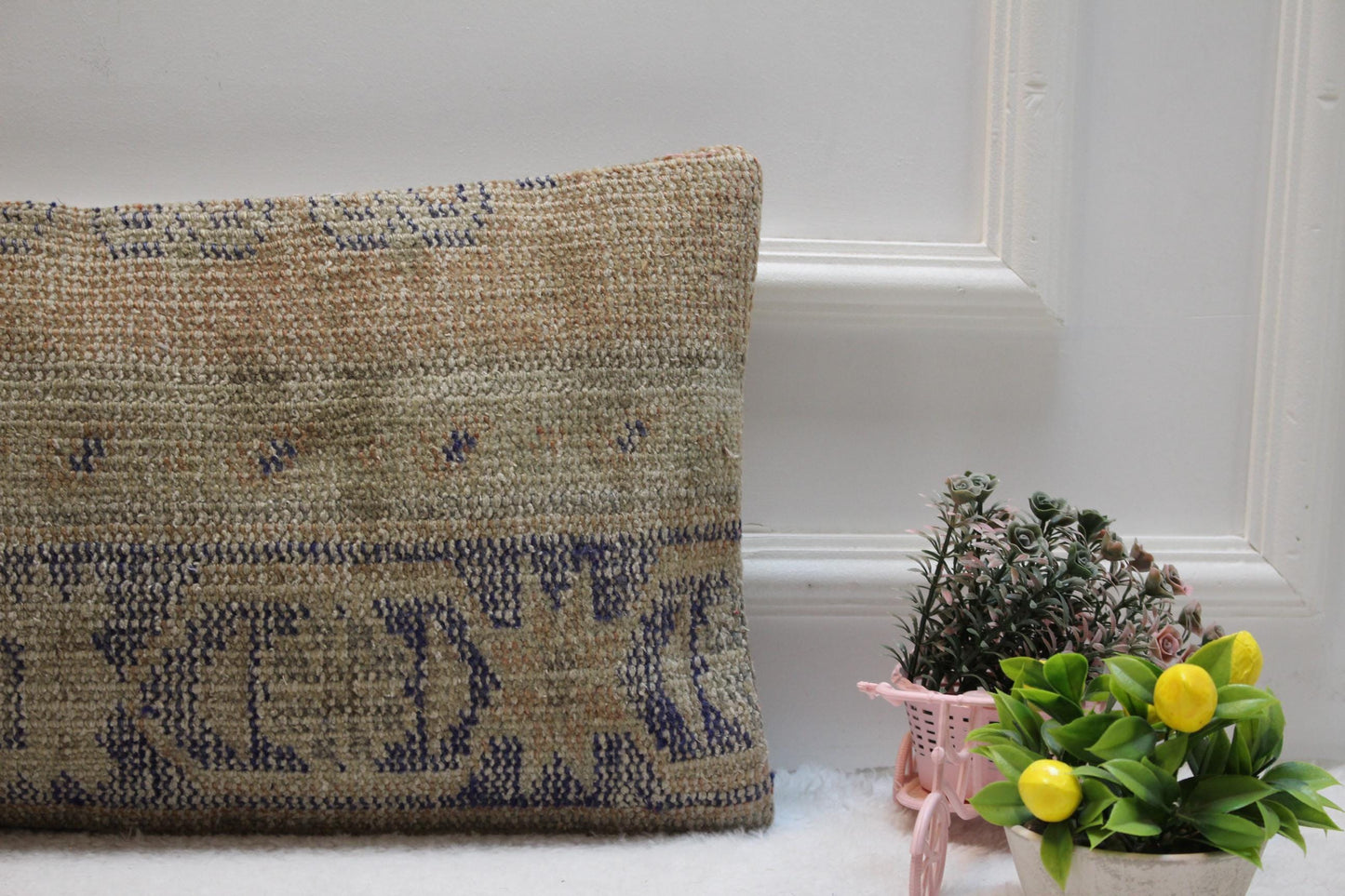 Handmade Kilim Lumbar Pillow Cover: Beige & Blue, 12x24 inc