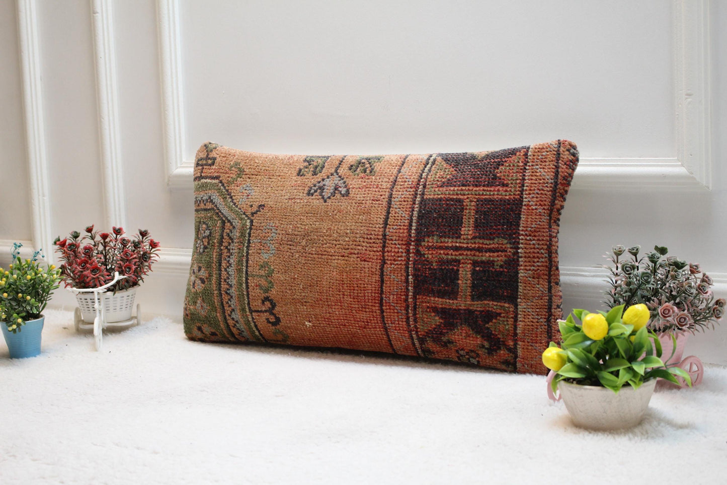 Handmade Kilim Lumbar Pillow Cover: Geometric Boho Wool Pillow (12x24 in)