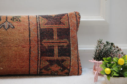 Handmade Kilim Lumbar Pillow Cover: Geometric Boho Wool Pillow (12x24 in)