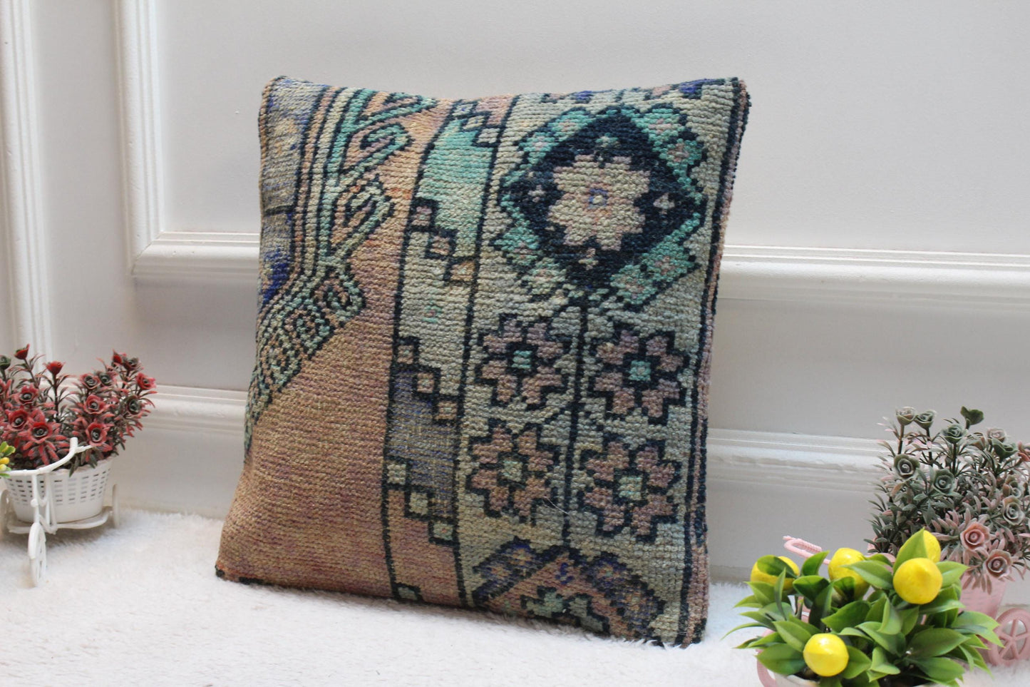 Handmade Kilim Pillow Cover: Upcycled Turkish Wool Rug, Rainbow (16X16 inc.)