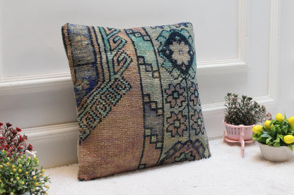 Handmade Kilim Pillow Cover: Upcycled Turkish Wool Rug, Rainbow (16X16 inc.)