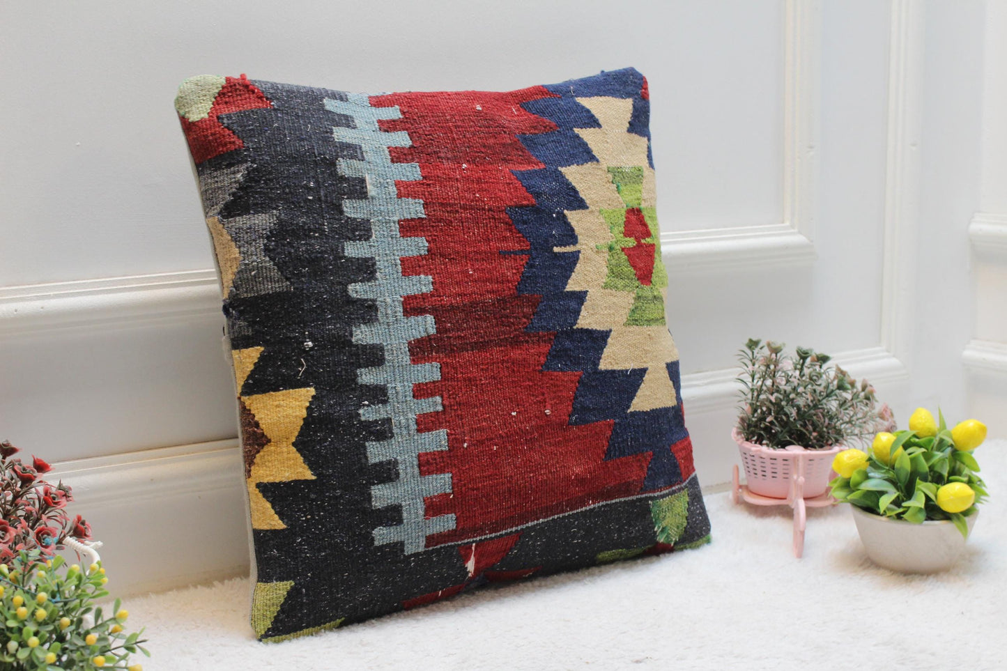 Handmade Kilim Pillow Cover: 16x16 Rainbow Wool Upcycled Rug