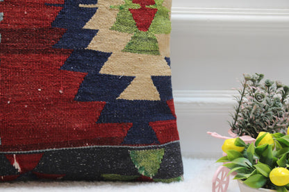 Handmade Kilim Pillow Cover: 16x16 Rainbow Wool Upcycled Rug