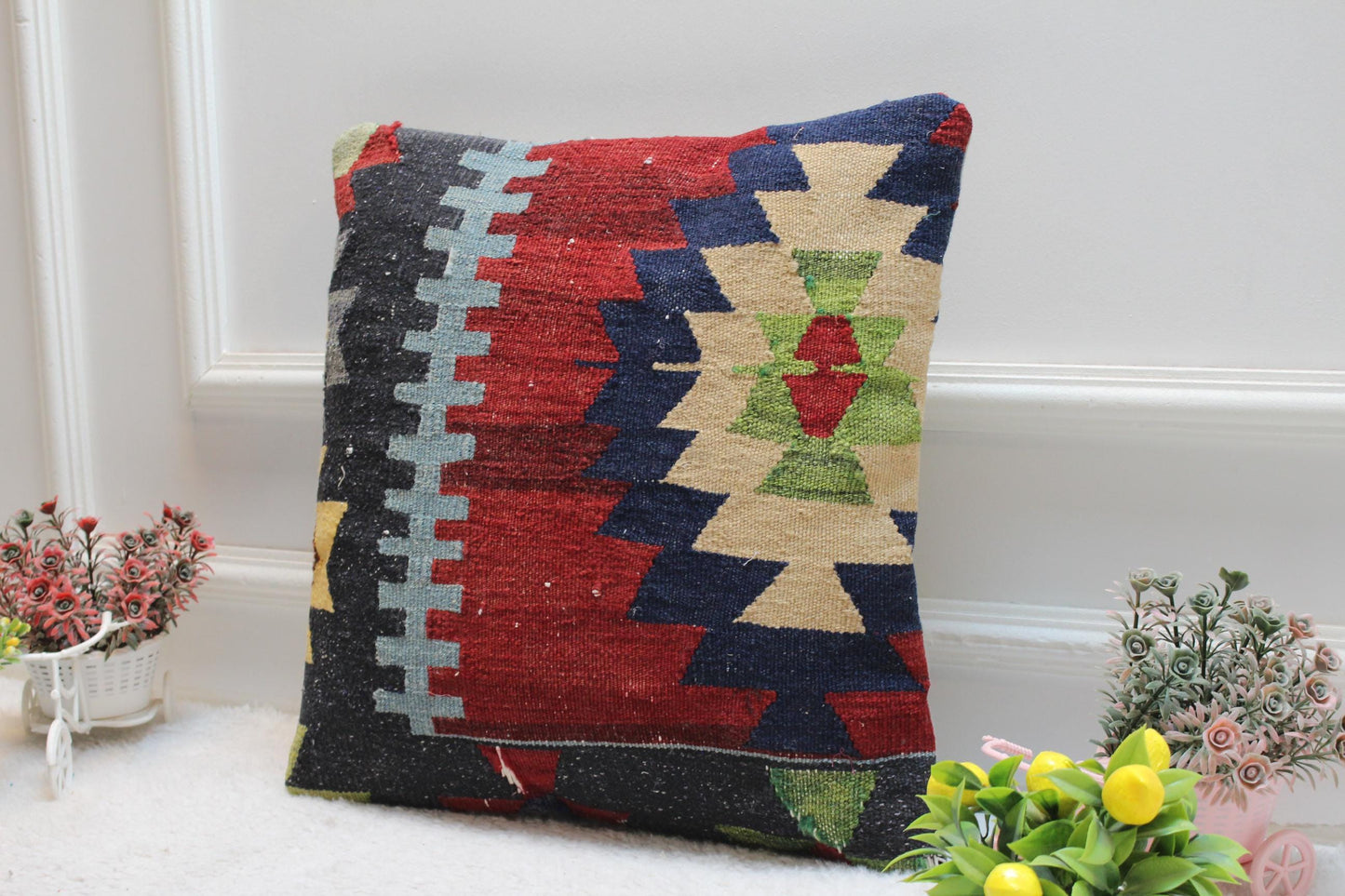 Handmade Kilim Pillow Cover: 16x16 Rainbow Wool Upcycled Rug