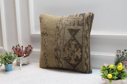 Vintage Turkish Rug Pillow Cover: Brown Woven Wool, 16x16 inch