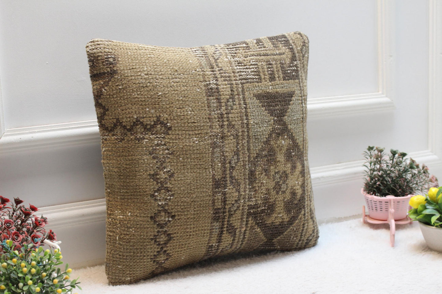 Vintage Turkish Rug Pillow Cover: Brown Woven Wool, 16x16 inch