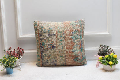 Vintage Turkish Rug Pillow Cover: Orange & Blue Kilim, 16x16