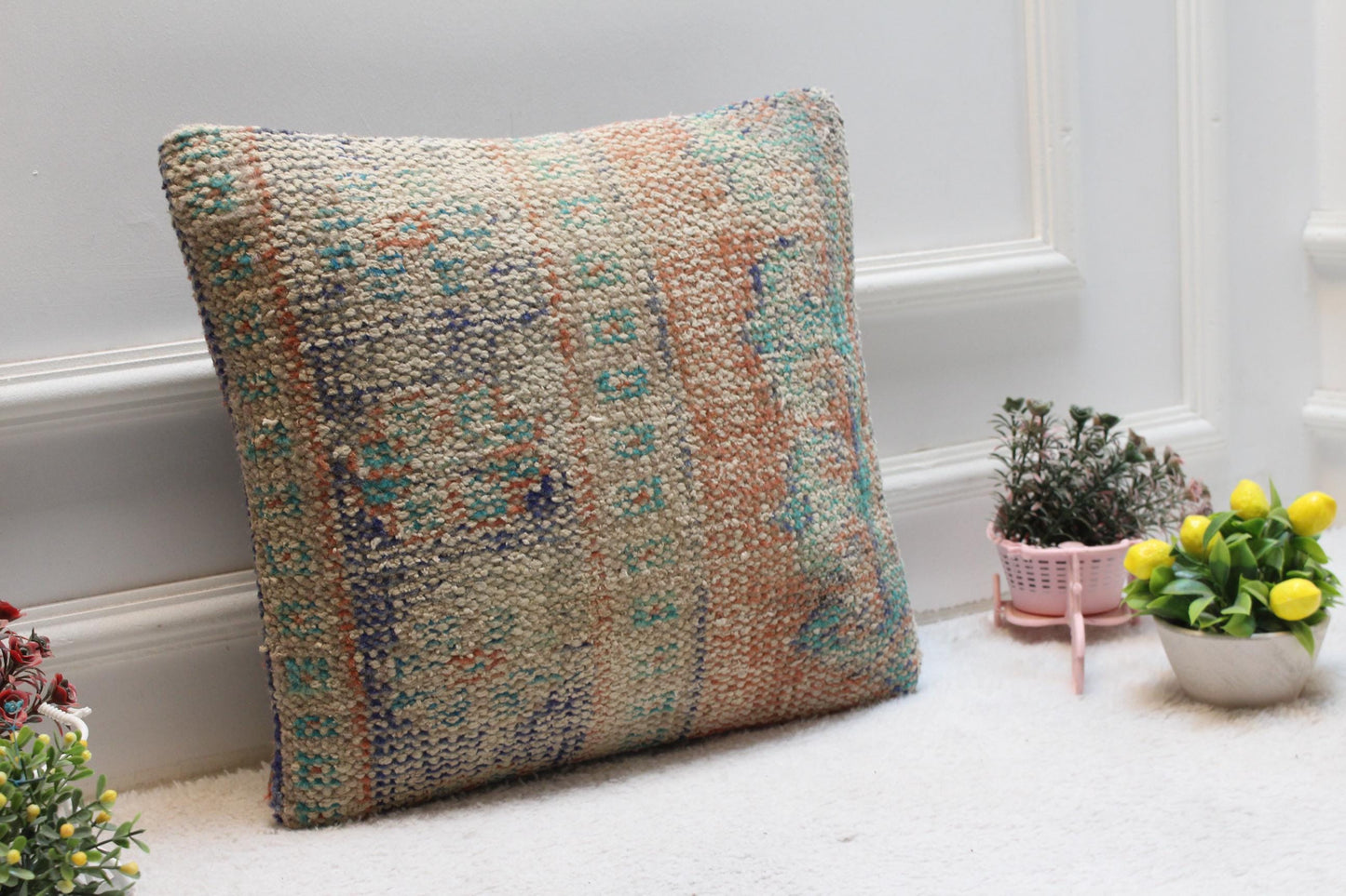Vintage Turkish Rug Pillow Cover: Orange & Blue Kilim, 16x16