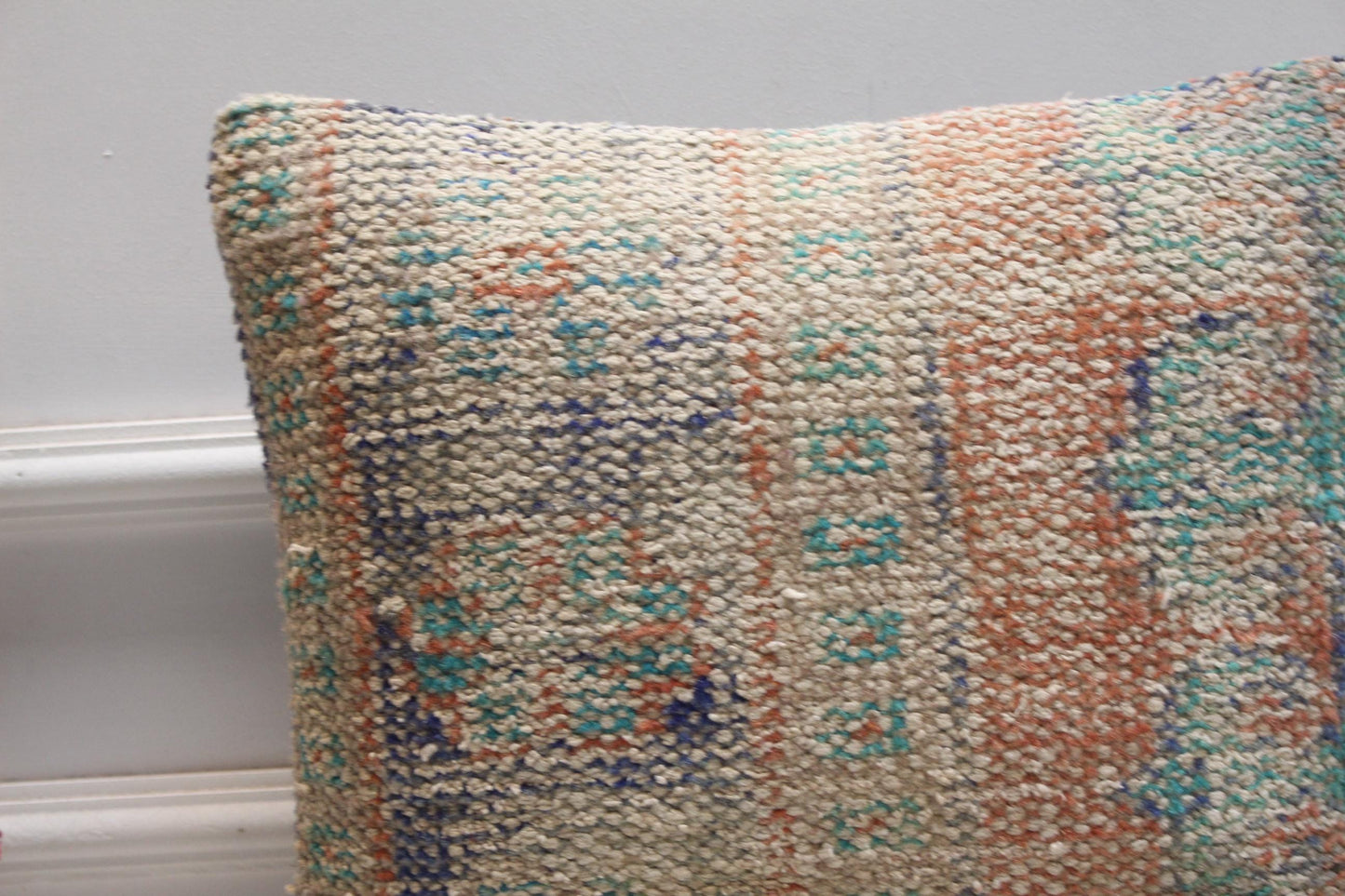 Vintage Turkish Rug Pillow Cover: Orange & Blue Kilim, 16x16
