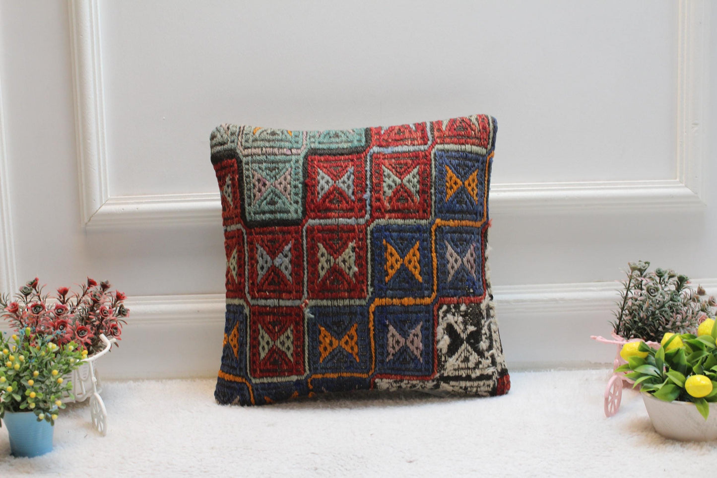 Rainbow Kilim Pillow Cover: 16x16 Square, Handmade Wool, Geometric Design