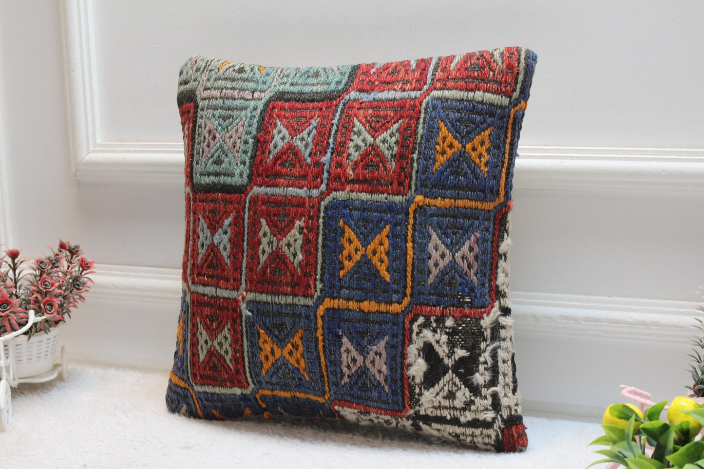 Rainbow Kilim Pillow Cover: 16x16 Square, Handmade Wool, Geometric Design