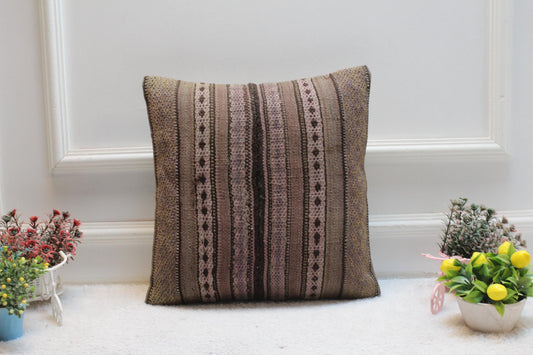 Striped Kilim Pillow Cover: Organic Wool Turkish Pillow, 16x16
