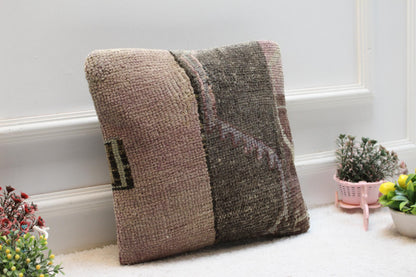 Vintage Turkish Rug Pillow Cover: Brown Wool Kilim Throw Pillow (16x16 in)