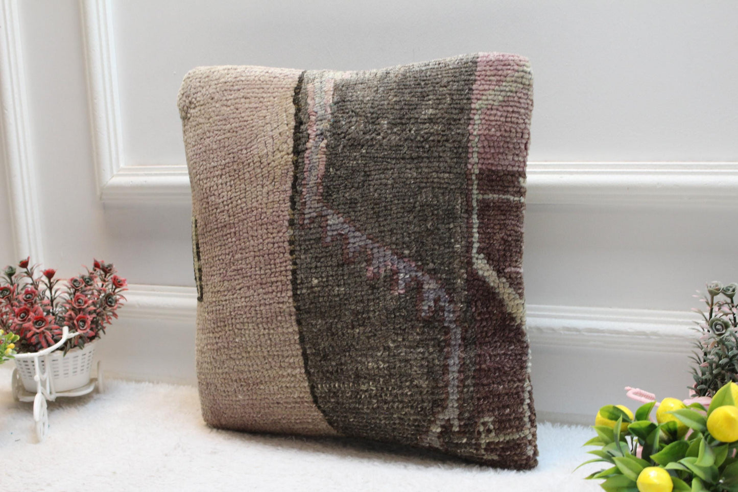 Vintage Turkish Rug Pillow Cover: Brown Wool Kilim Throw Pillow (16x16 in)