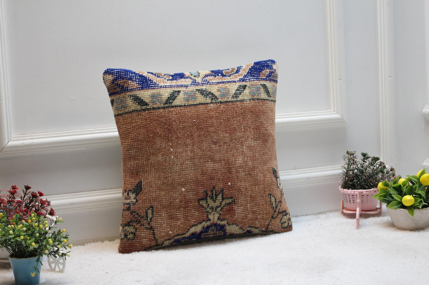 Handmade Turkish Rug Pillow Cover: Vintage Boho Throw Pillow (16x16 inc)