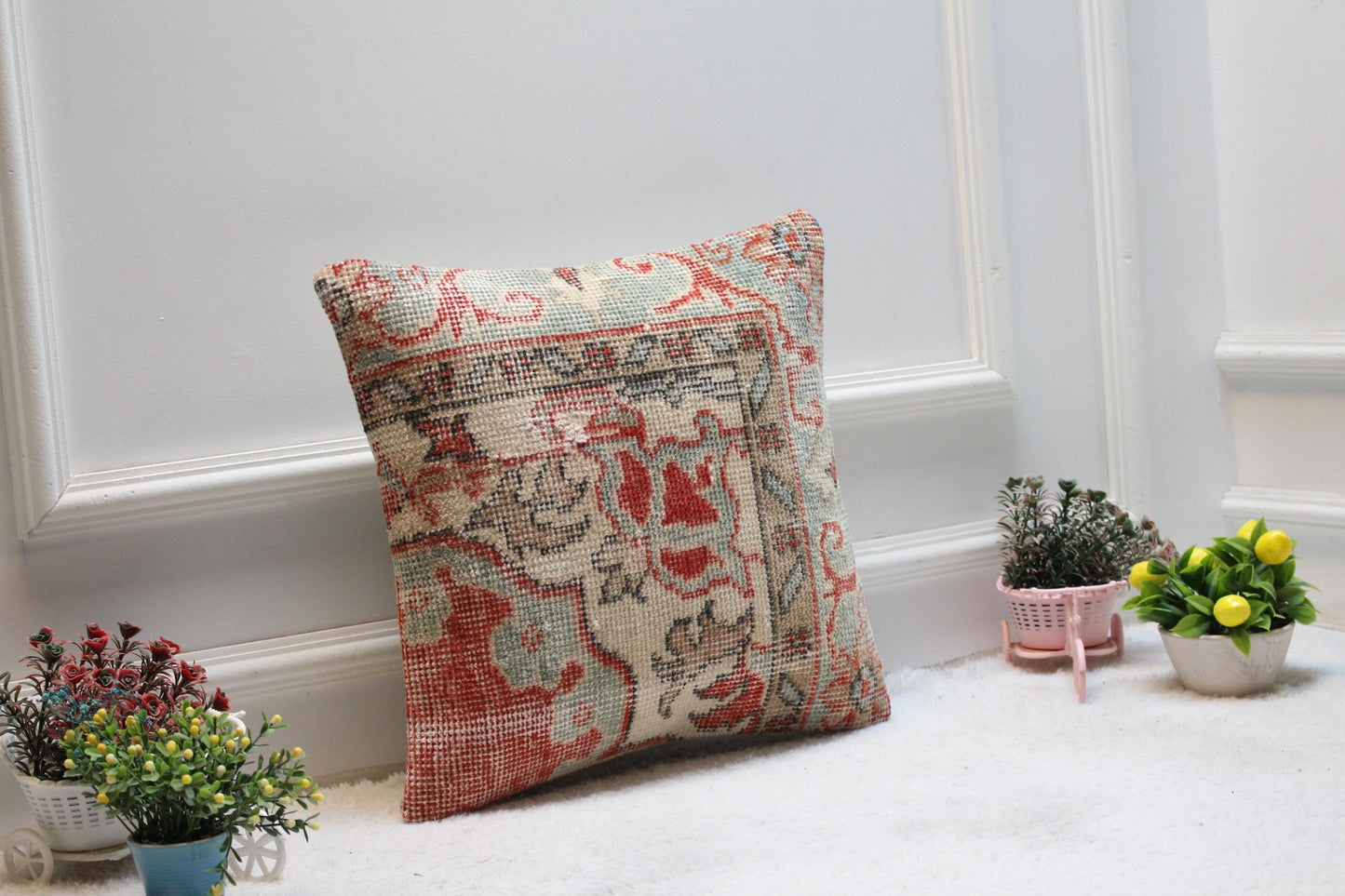 Floral Kilim Pillow Cover: 16x16 Turkish Rug Throw Pillow