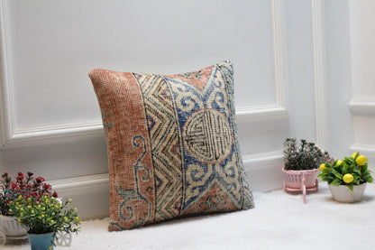 Handmade Kilim Pillow Cover: Upcycled Woven Rug, Boho Decor (16x16 in)