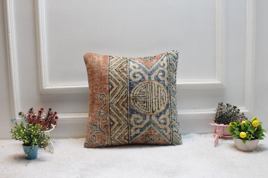 Handmade Kilim Pillow Cover: Upcycled Woven Rug, Boho Decor (16x16 in)