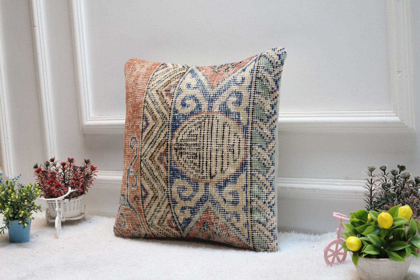 Handmade Kilim Pillow Cover: Upcycled Woven Rug, Boho Decor (16x16 in)
