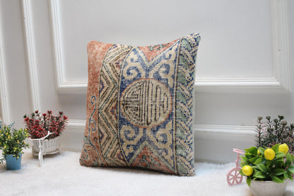 Handmade Kilim Pillow Cover: Upcycled Woven Rug, Boho Decor (16x16 in)
