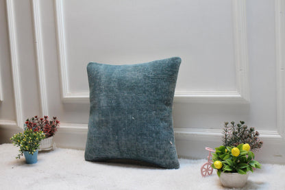 Handmade Kilim Pillow Cover: Upcycled Woven Rug, Blue, 16x16 inch