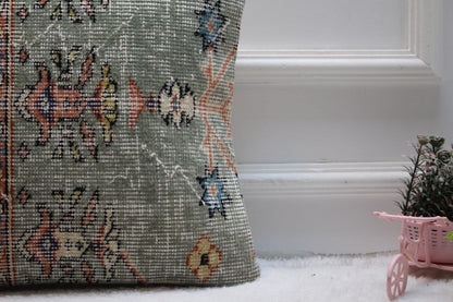 Green Turkish Rug Pillow Cover: 16x16 Boho Floral Kilim Pillow