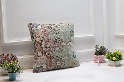 Green Turkish Rug Pillow Cover: 16x16 Boho Floral Kilim Pillow