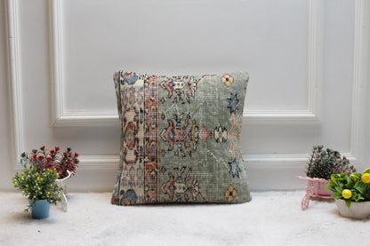 Green Turkish Rug Pillow Cover: 16x16 Boho Floral Kilim Pillow