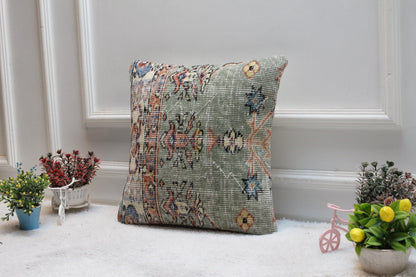 Green Turkish Rug Pillow Cover: 16x16 Boho Floral Kilim Pillow