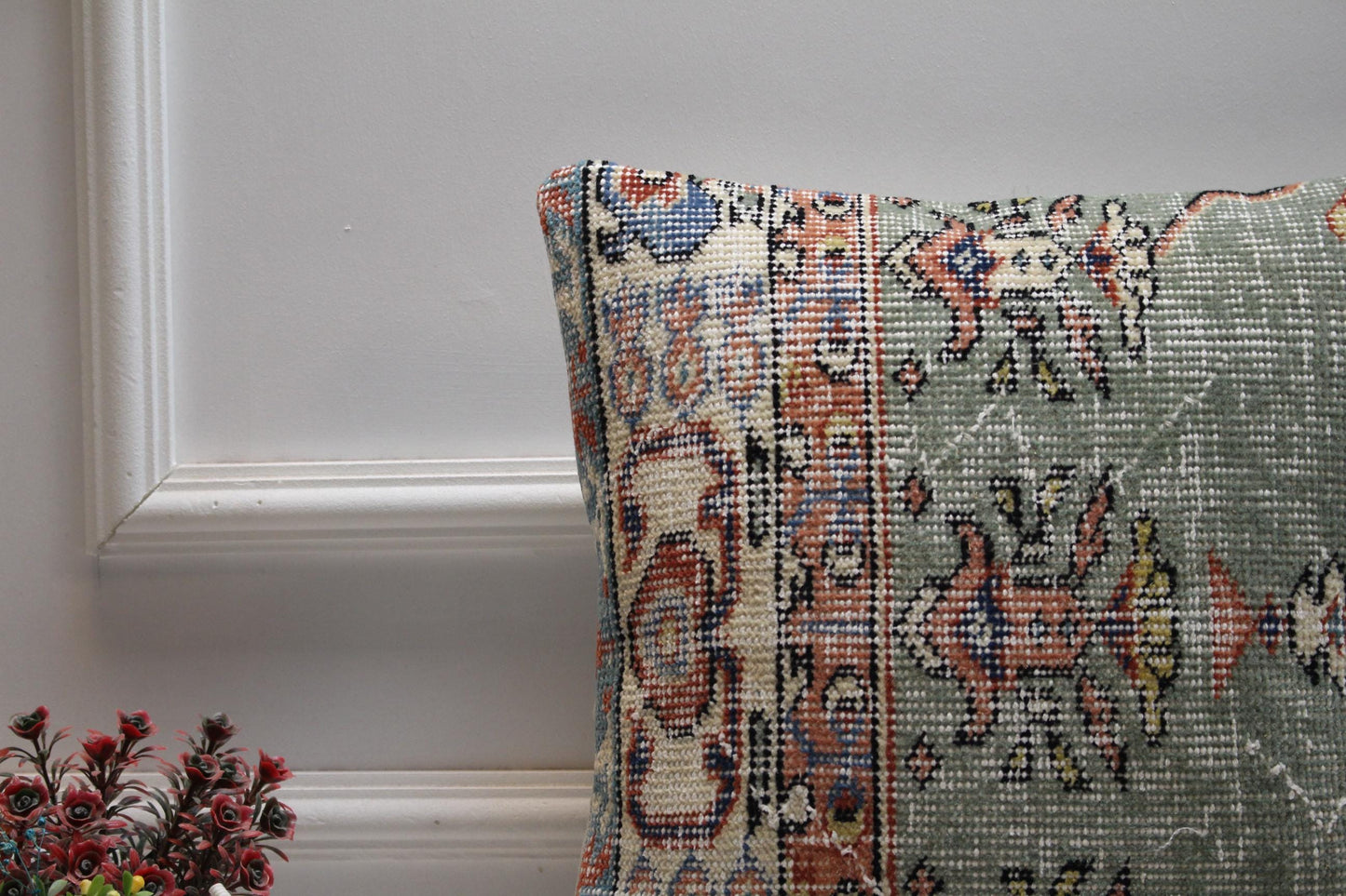 Green Turkish Rug Pillow Cover: 16x16 Boho Floral Kilim Pillow