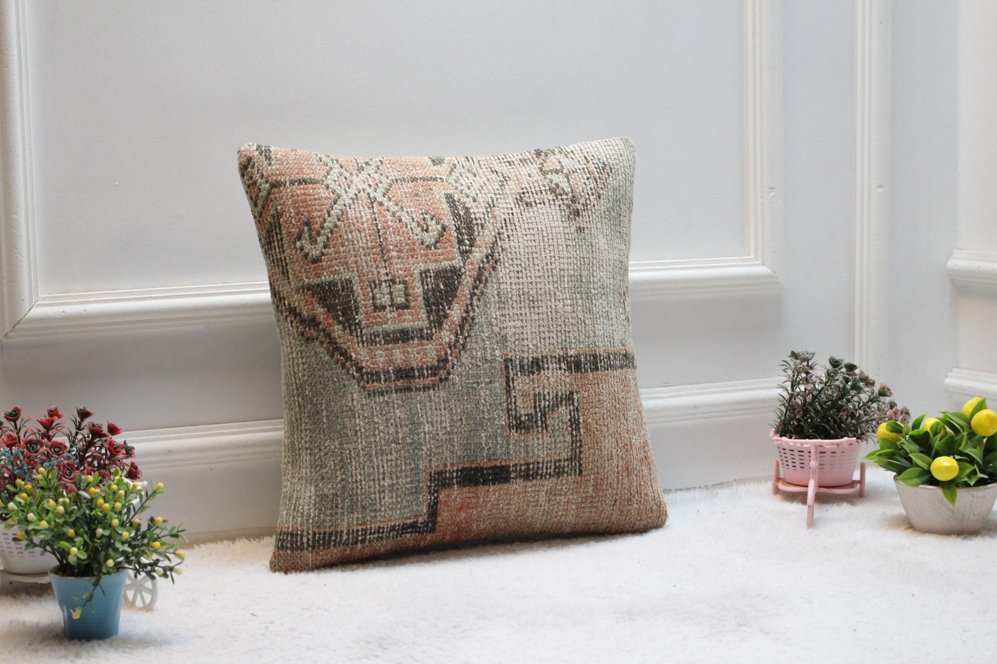 Handmade Kilim Pillow Cover: Upcycled Woven Rug, Boho Throw Pillow (16x16 in)