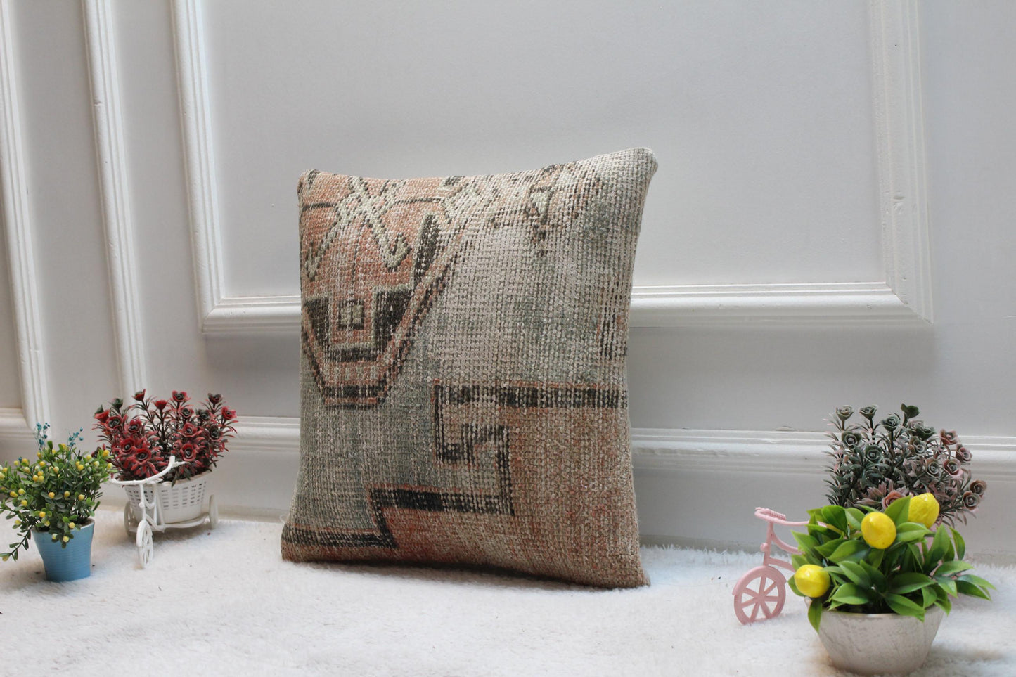 Handmade Kilim Pillow Cover: Upcycled Woven Rug, Boho Throw Pillow (16x16 in)