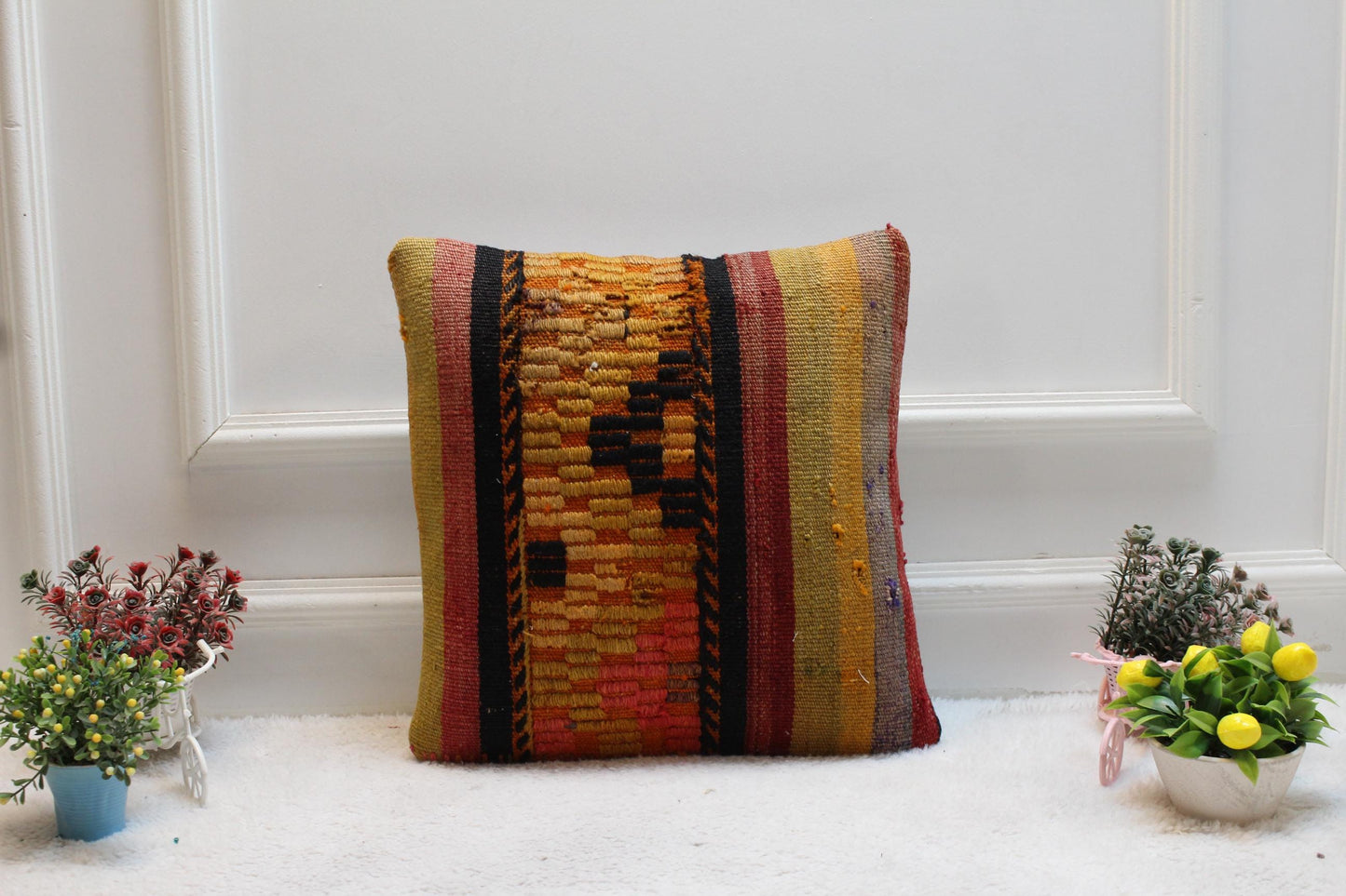 Handmade Kilim Pillow Cover: Upcycled Woven Rug, Striped Decor (16x16 Inch)