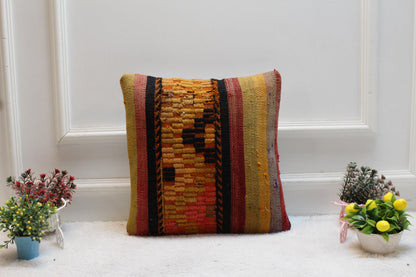 Handmade Kilim Pillow Cover: Upcycled Woven Rug, Striped Decor (16x16 Inch)