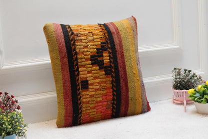 Handmade Kilim Pillow Cover: Upcycled Woven Rug, Striped Decor (16x16 Inch)