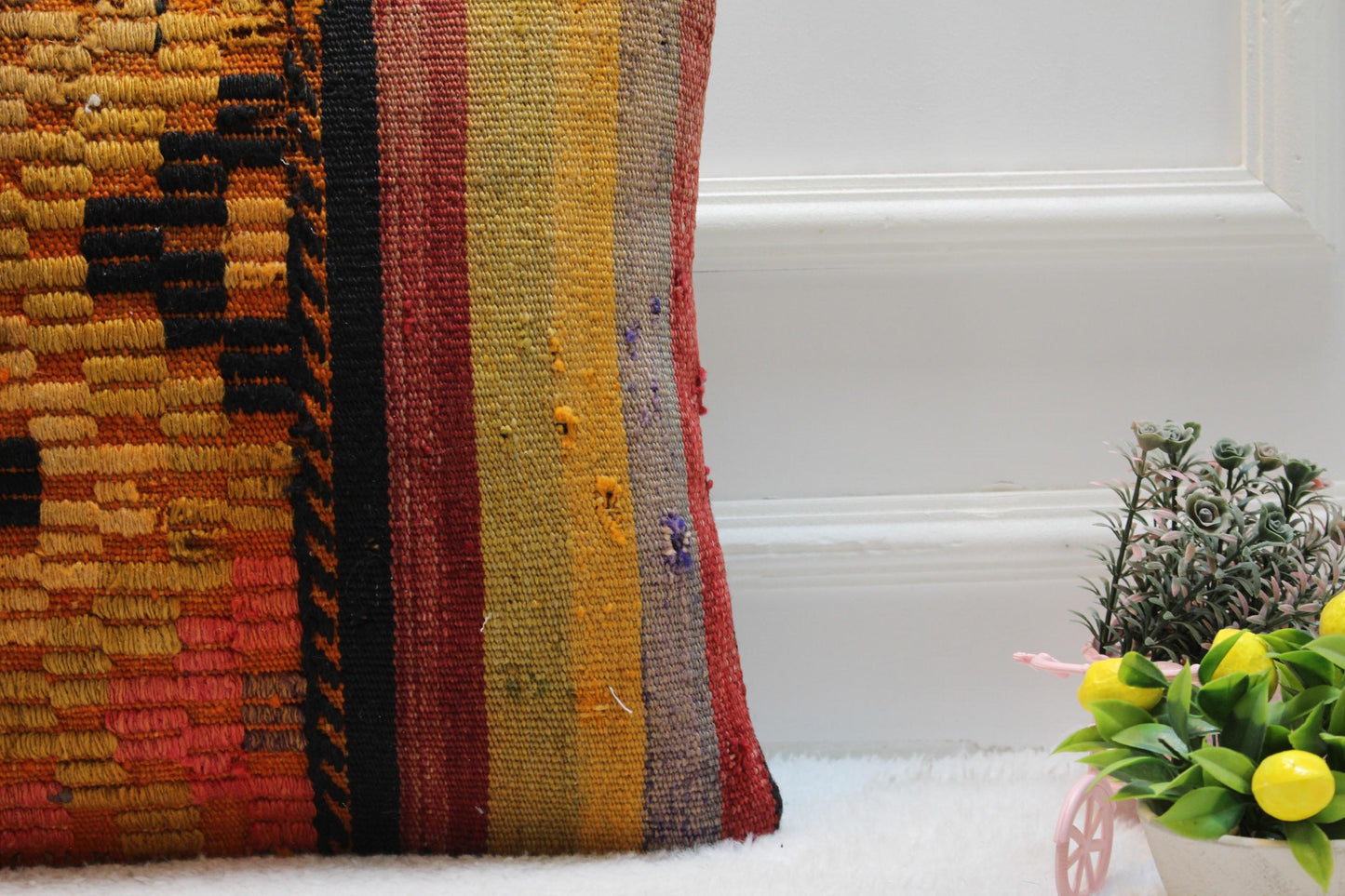 Handmade Kilim Pillow Cover: Upcycled Woven Rug, Striped Decor (16x16 Inch)