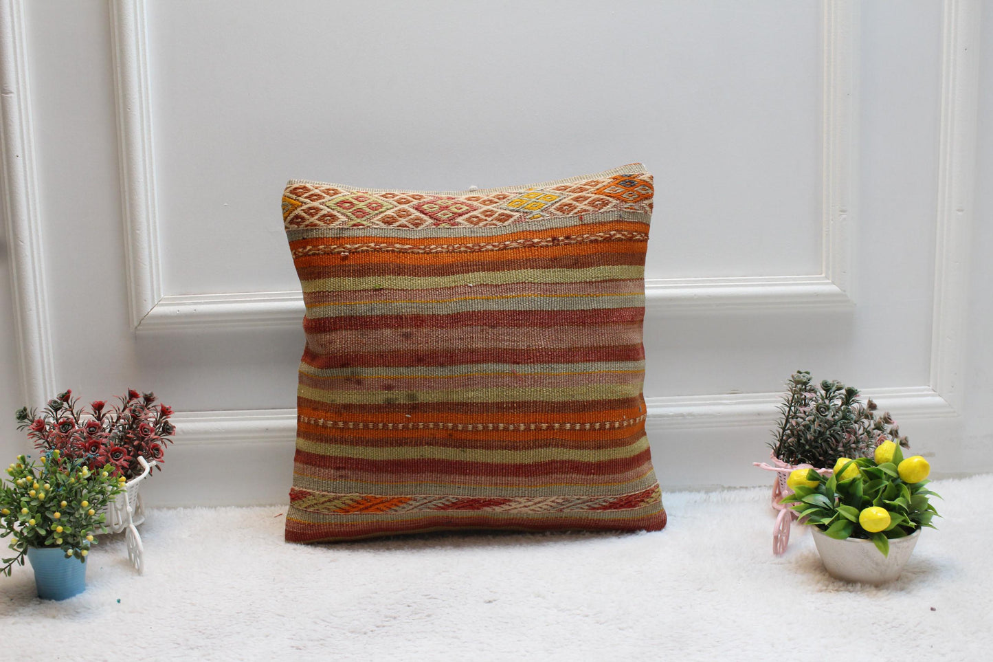 Handmade Kilim Pillow Cover: Upcycled Turkish Wool Cushion, 16x16
