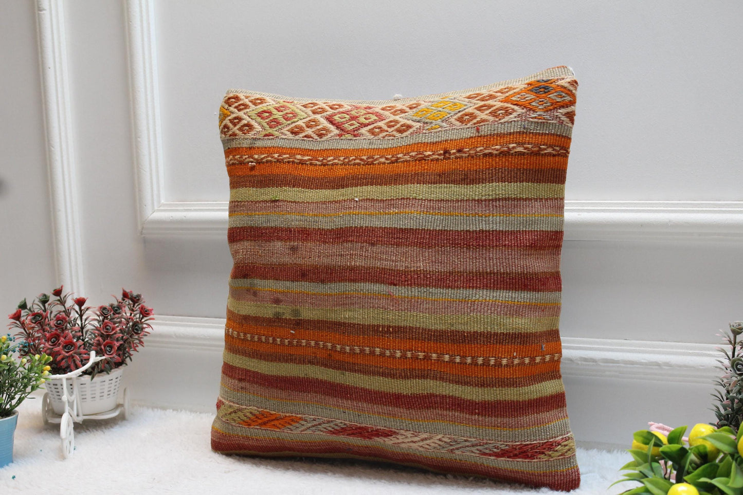 Handmade Kilim Pillow Cover: Upcycled Turkish Wool Cushion, 16x16