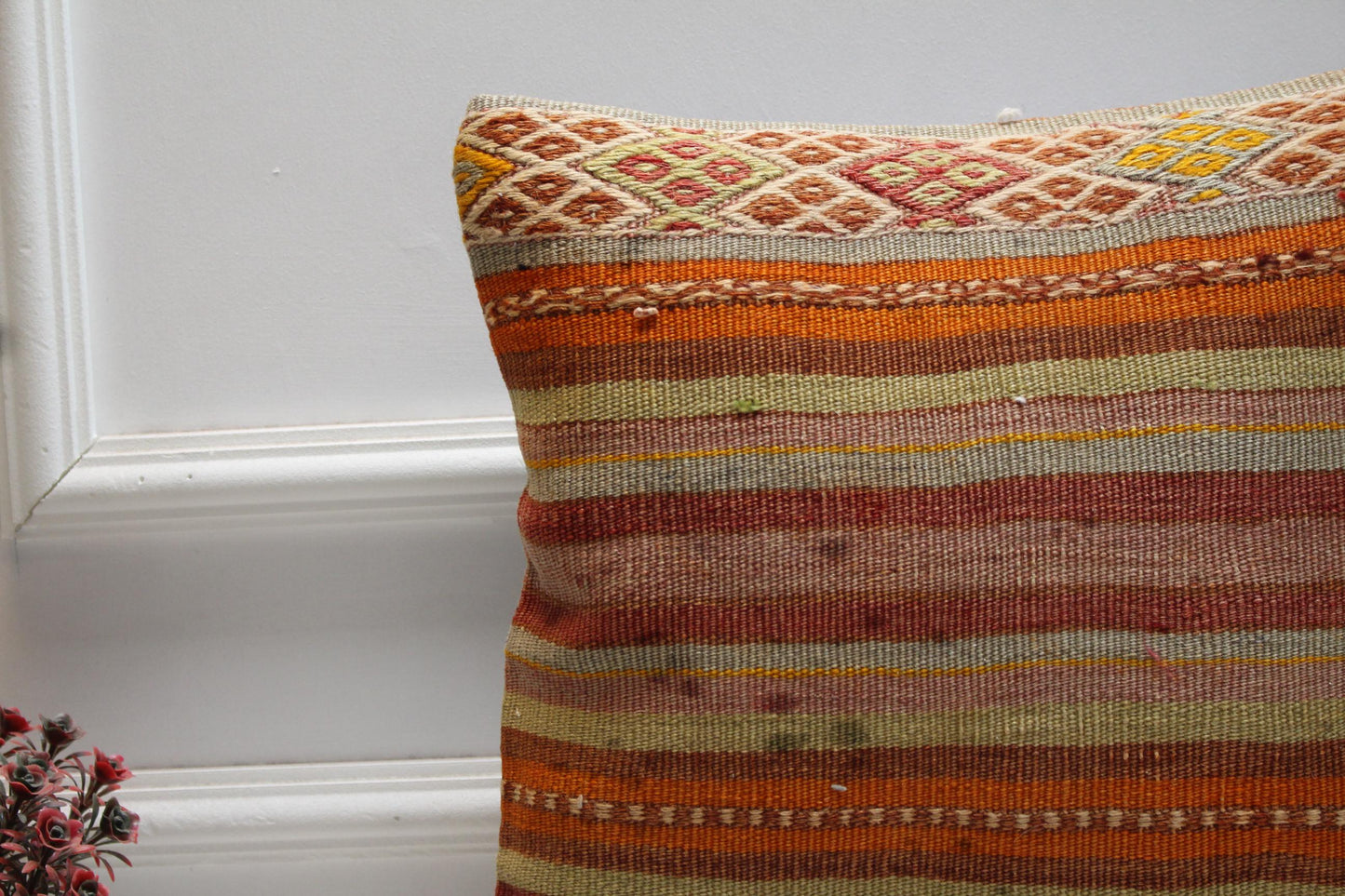 Handmade Kilim Pillow Cover: Upcycled Turkish Wool Cushion, 16x16