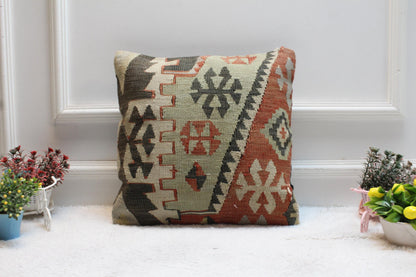Handmade Kilim Pillow Cover: Upcycled Woven Rug, Geometric Design (16x16 in)