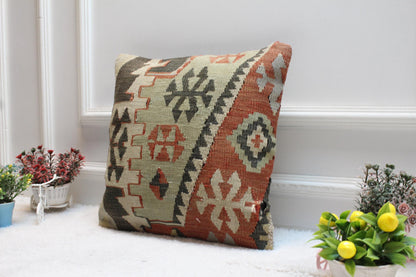 Handmade Kilim Pillow Cover: Upcycled Woven Rug, Geometric Design (16x16 in)