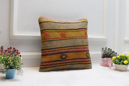 Vintage Turkish Kilim Pillow Cover: Handmade Wool, 16x16 Square