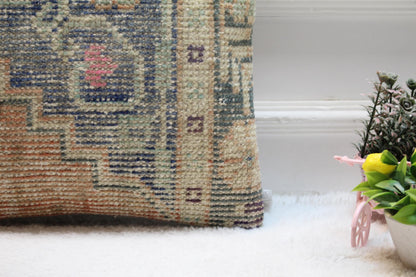 Floral Turkish Rug Pillow Cover: Handmade Wool Kilim, 16x16 inc