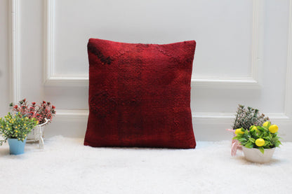 Handmade Kilim Pillow Cover: Upcycled Woven Rug, 16x16 Red Bohemian Decor