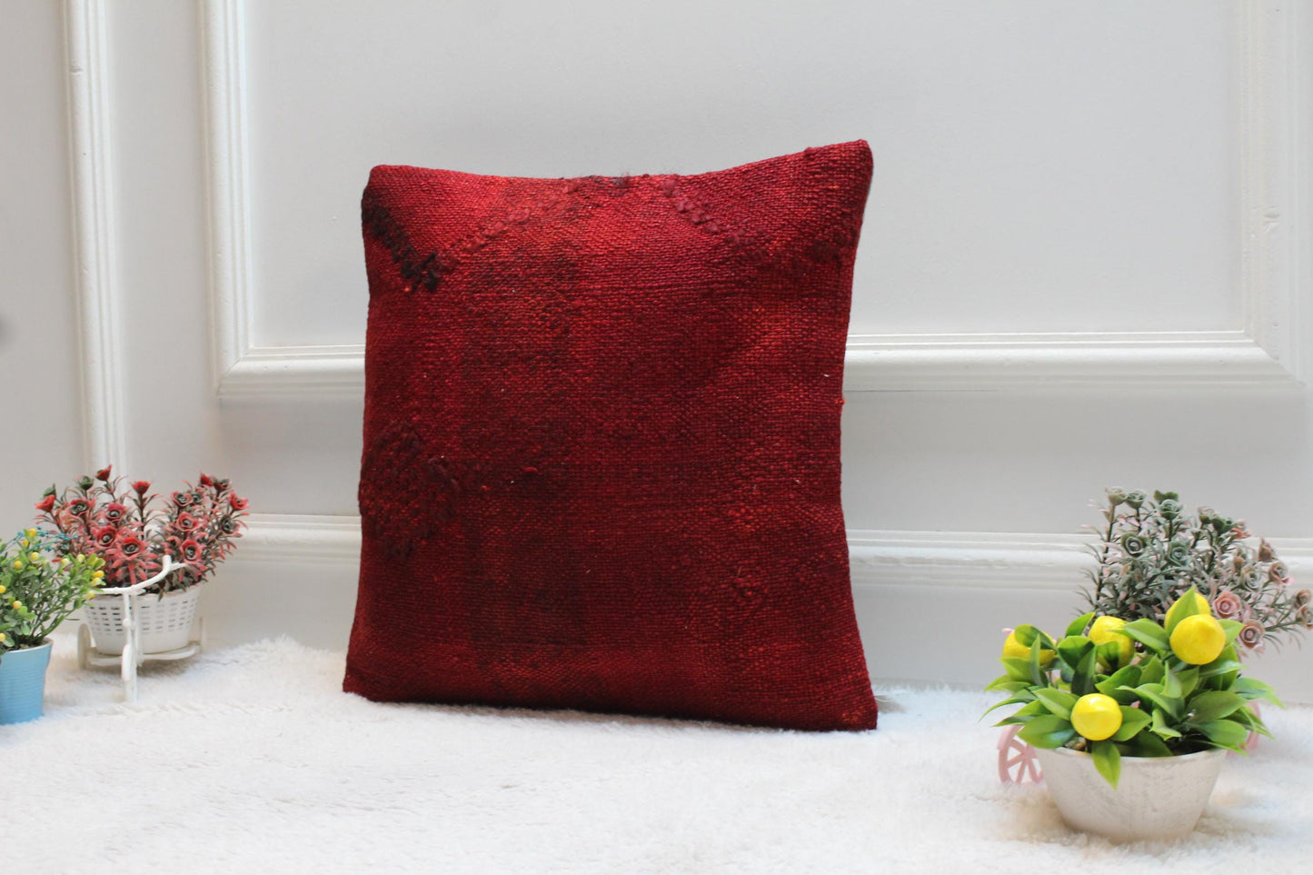 Handmade Kilim Pillow Cover: Upcycled Woven Rug, 16x16 Red Bohemian Decor