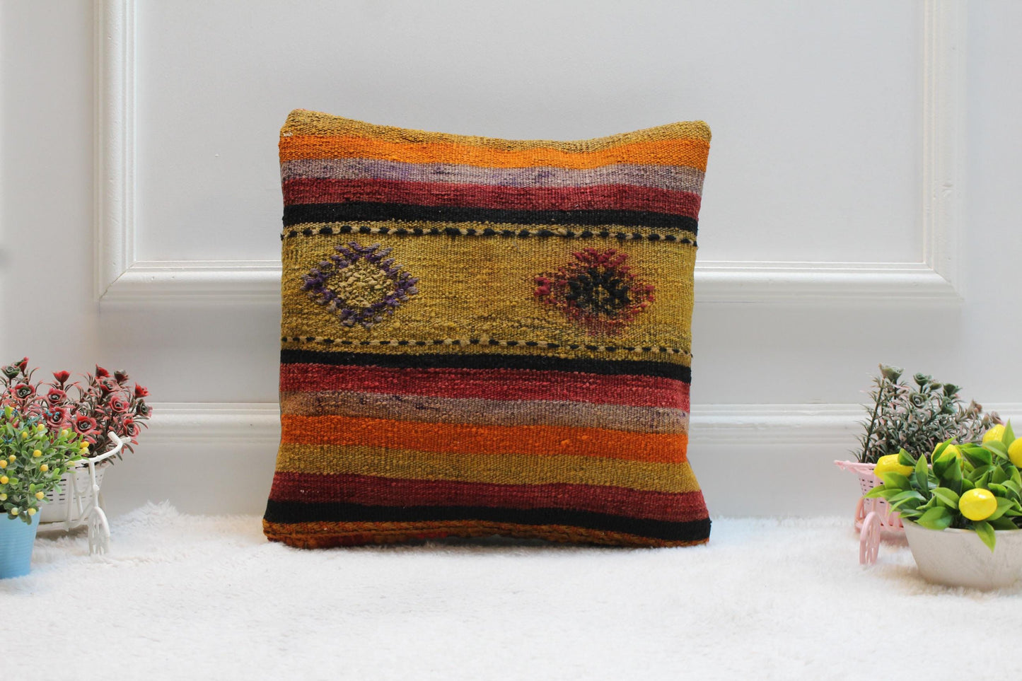 Handmade Kilim Pillow Cover: Upcycled Woven Rug, Rainbow Geometric Design (16x16")